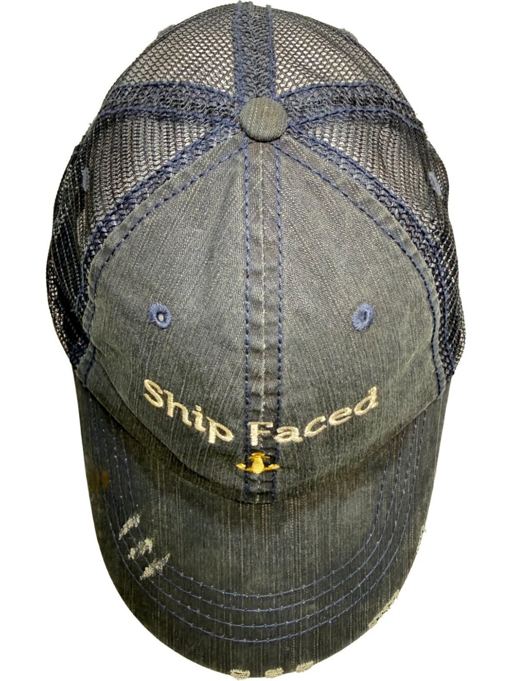 Ship Faced Anchor Logo Denim Trucker Hat Mesh Back Strapback Cap Distressed Blue - Picture 5 of 11